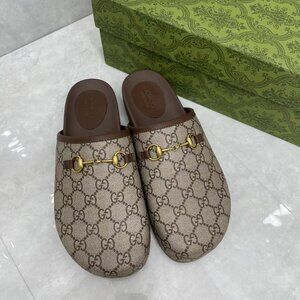 Gucci Beige and Brown Mules with Gold Detail